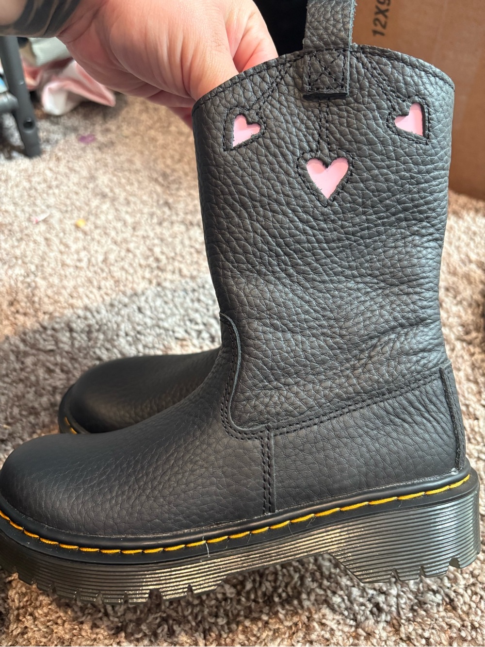 Dr. Martens Black Leather Kids Boots with Pink Heart Cutouts